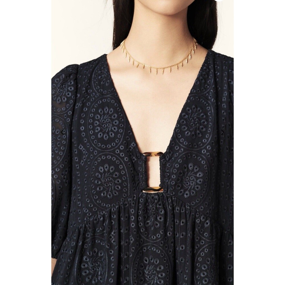 Ba&sh Brancia Short Navy Dress Flared Eyelet Sz M US 6 Quiet Luxury V Neck  $345 - Picture 13 of 16